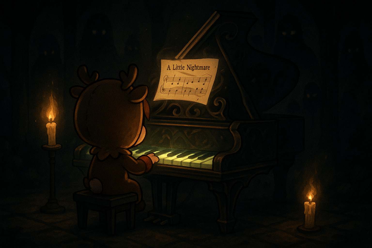 Hel playing A Little Nightmare on the piano. (This image somehow reminds me of Amnesia: The Dark Descent)