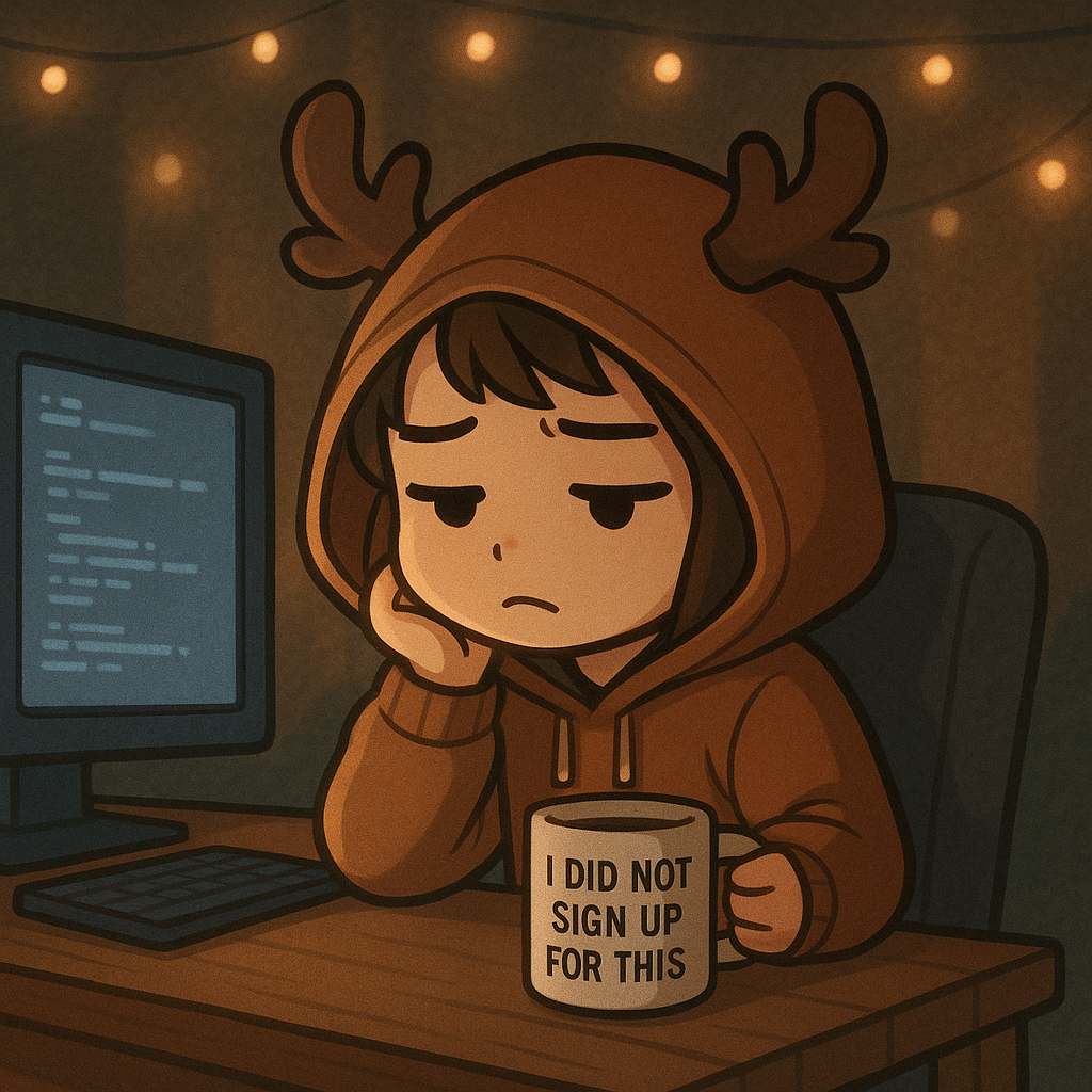 Hel, tired, in front of his computer.
