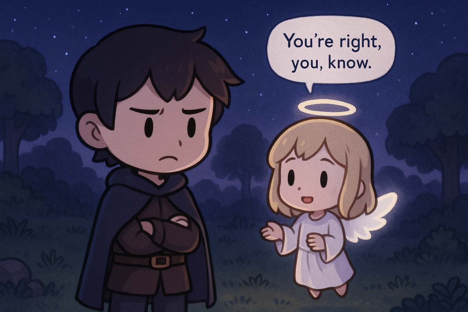 An angel telling Lumi that he is right to calm down.