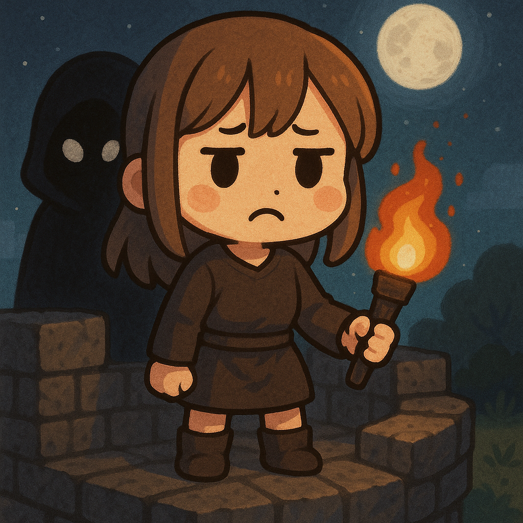 Lucy holding the torch on top of the watchtower, attracting the entity.